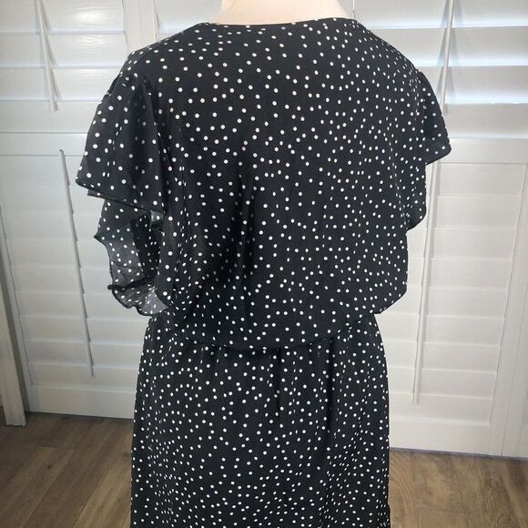 Black Polka Dot Dress Plus 4XL V Neck Flutter Blouson Lightweight Spring - Picture 10 of 11